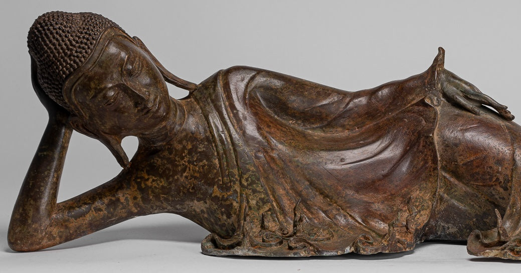 Buddha Statue - Antique Thai Style Bronze Sukhothai Reclining Nirvana Buddha Statue - 106cm/42"