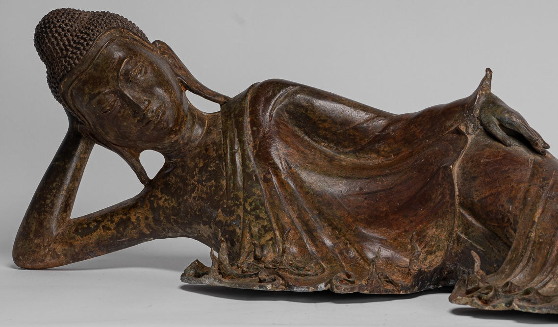 Buddha Statue - Antique Thai Style Bronze Sukhothai Reclining Nirvana Buddha Statue - 106cm/42"