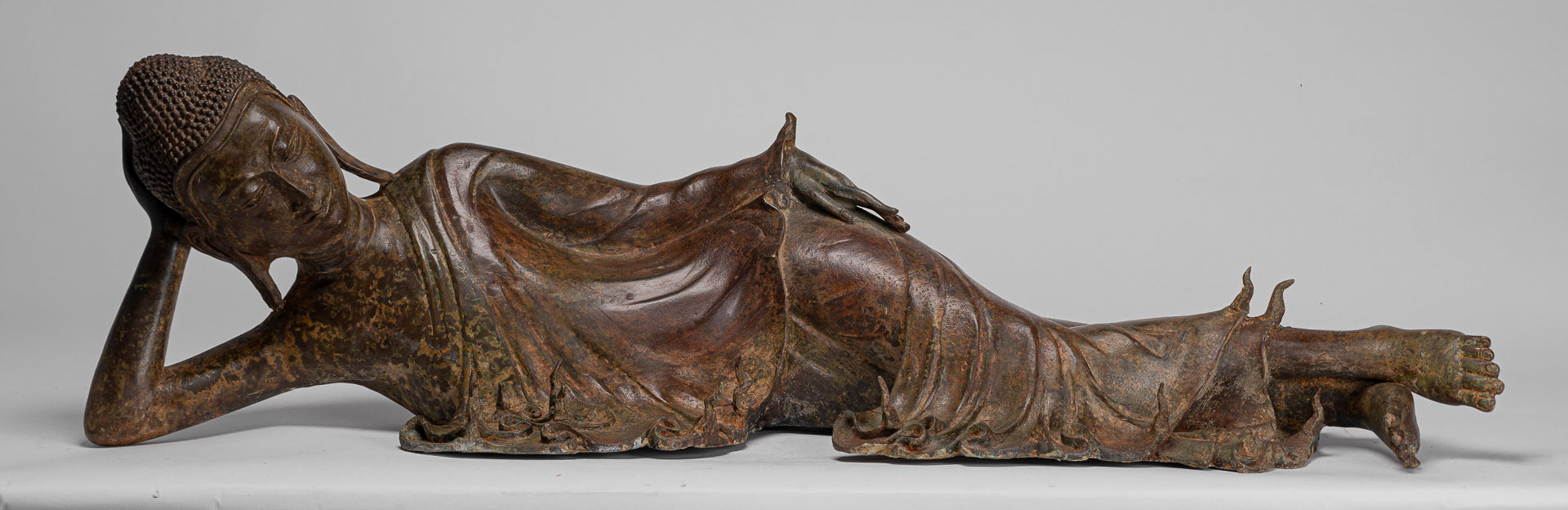 Buddha Statue - Antique Thai Style Bronze Sukhothai Reclining Nirvana Buddha Statue - 106cm/42"