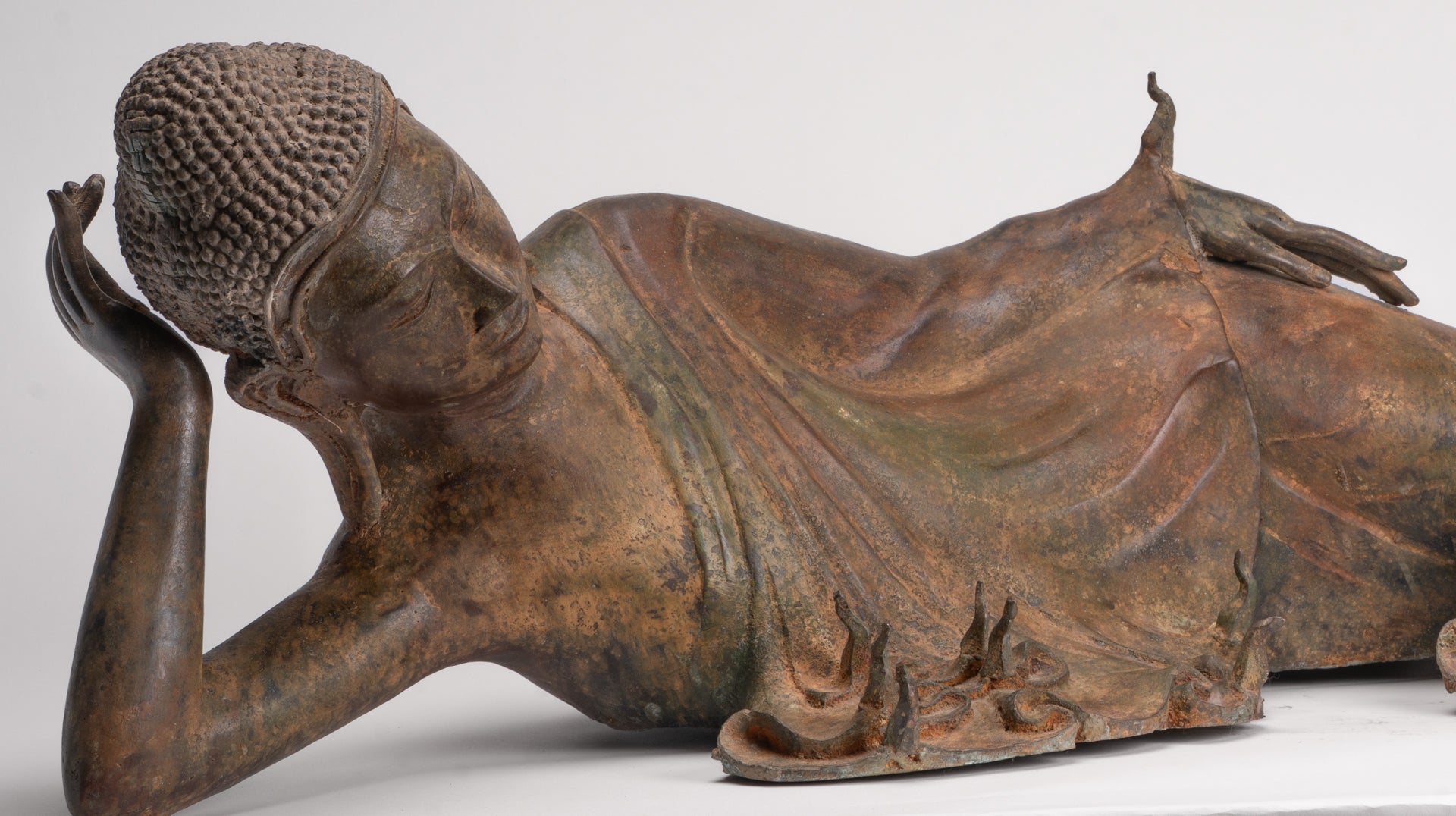 Antique Thai Style Bronze Sukhothai Reclining Nirvana Buddha Statue - 107cm/43"