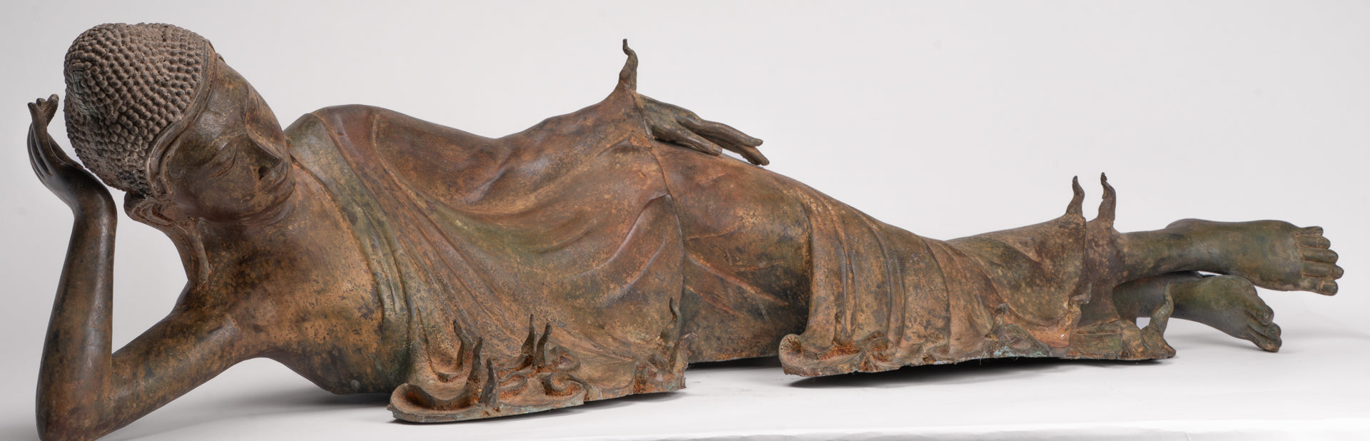 Antique Thai Style Bronze Sukhothai Reclining Nirvana Buddha Statue - 107cm/43"