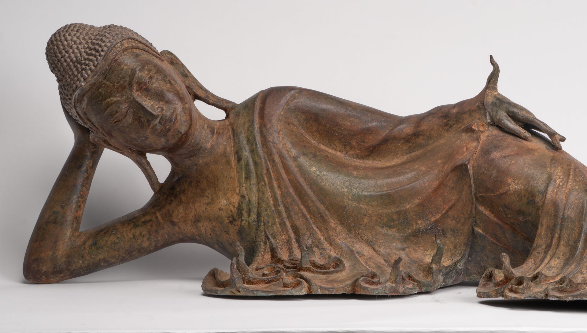 Antique Thai Style Bronze Sukhothai Reclining Nirvana Buddha Statue - 107cm/43"