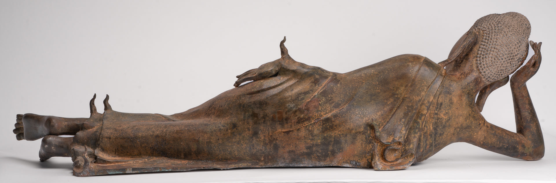 Antique Thai Style Bronze Sukhothai Reclining Nirvana Buddha Statue - 107cm/43"