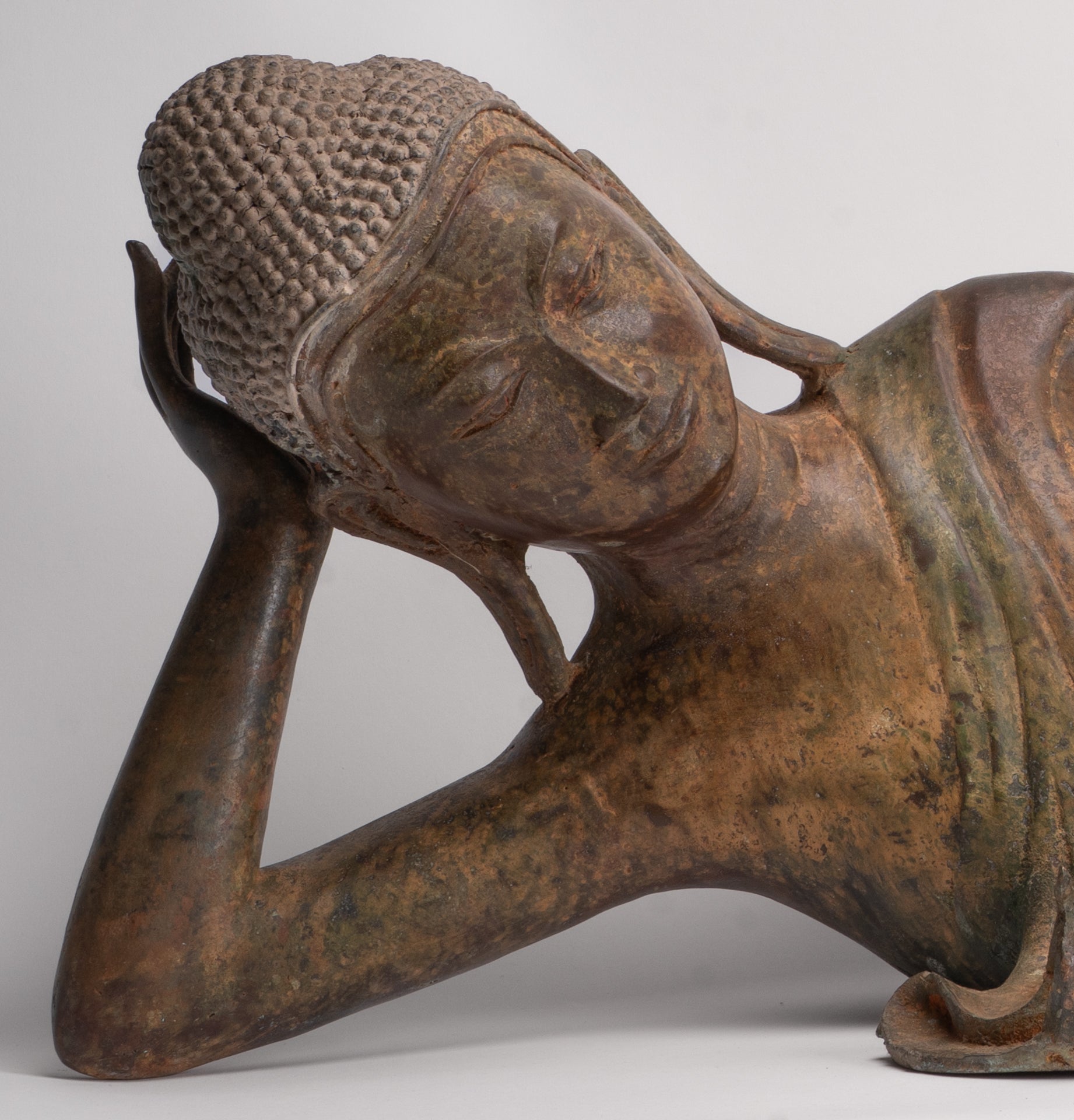 Antique Thai Style Bronze Sukhothai Reclining Nirvana Buddha Statue - 107cm/43"
