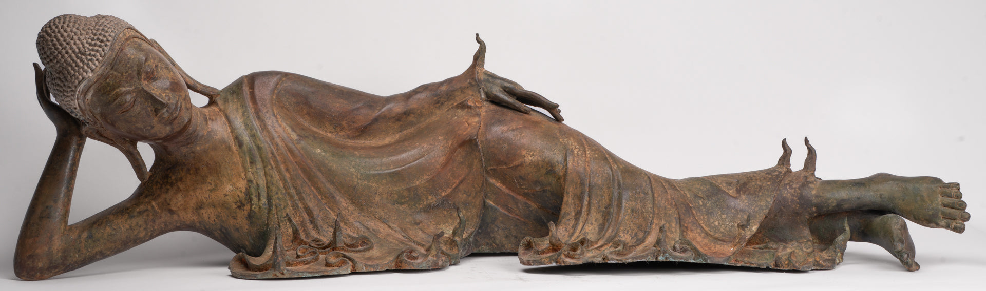 Antique Thai Style Bronze Sukhothai Reclining Nirvana Buddha Statue - 107cm/43"