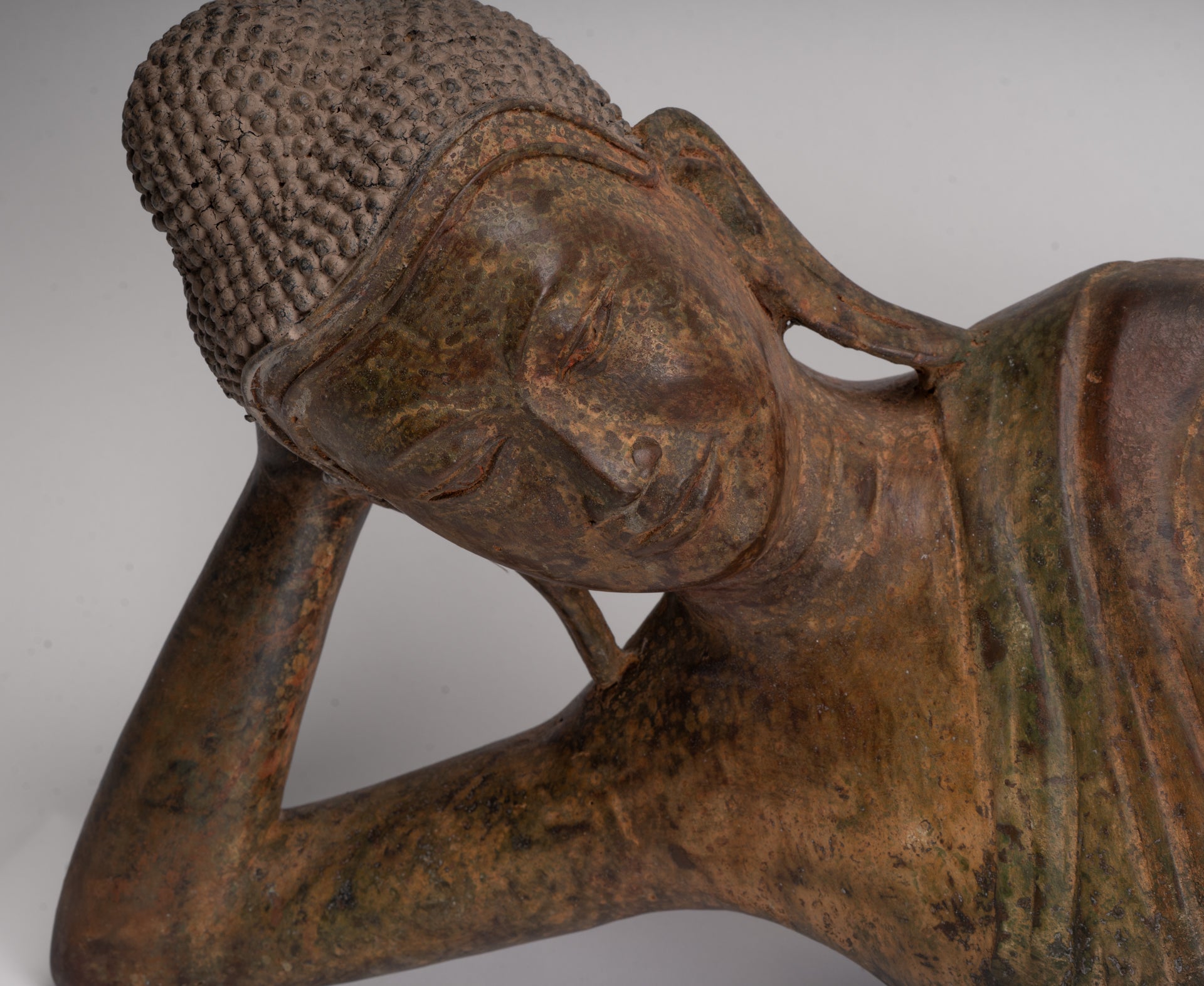 Antique Thai Style Bronze Sukhothai Reclining Nirvana Buddha Statue - 107cm/43"