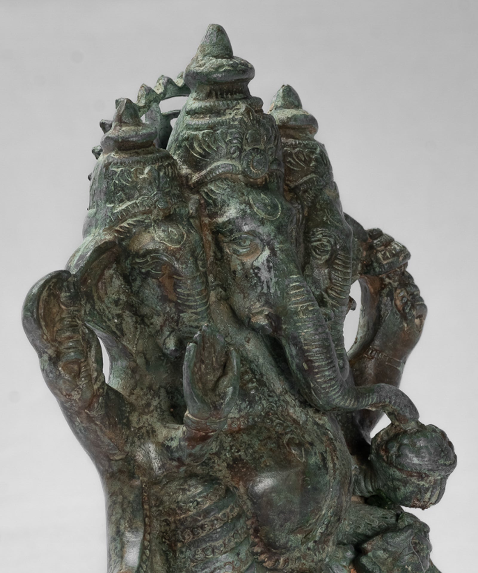 Antique Thai Style Bronze Tri Muhkthi Ganapathi Three Headed Ganesha Statue - 21cm/8"