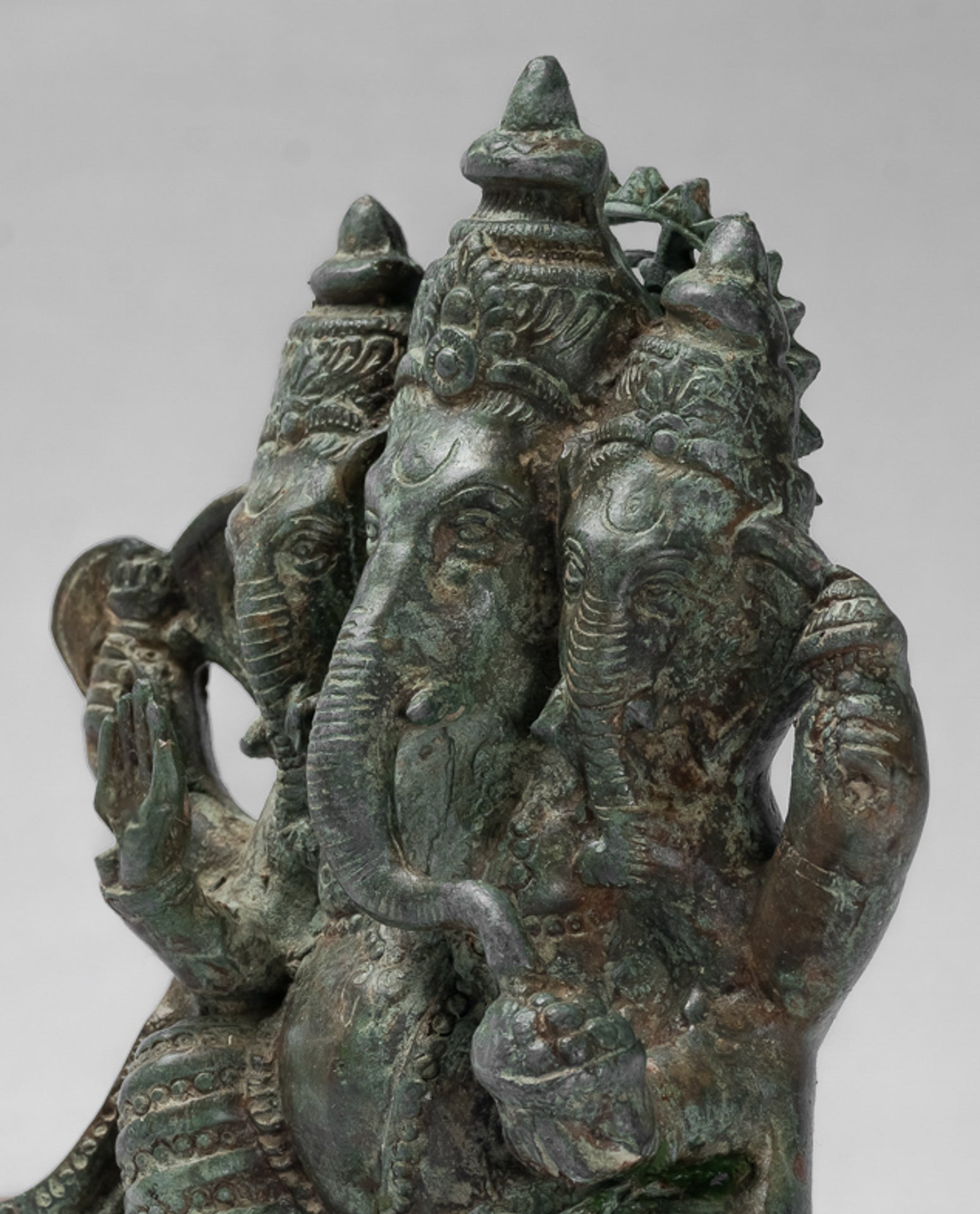 Antique Thai Style Bronze Tri Muhkthi Ganapathi Three Headed Ganesha Statue - 21cm/8"