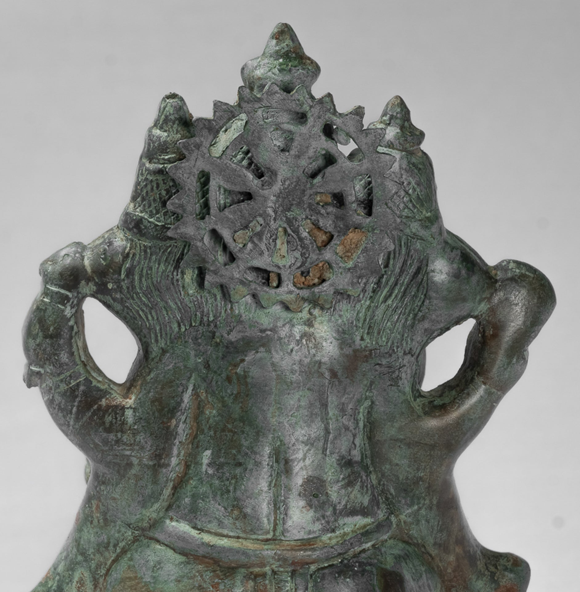 Antique Thai Style Bronze Tri Muhkthi Ganapathi Three Headed Ganesha Statue - 21cm/8"