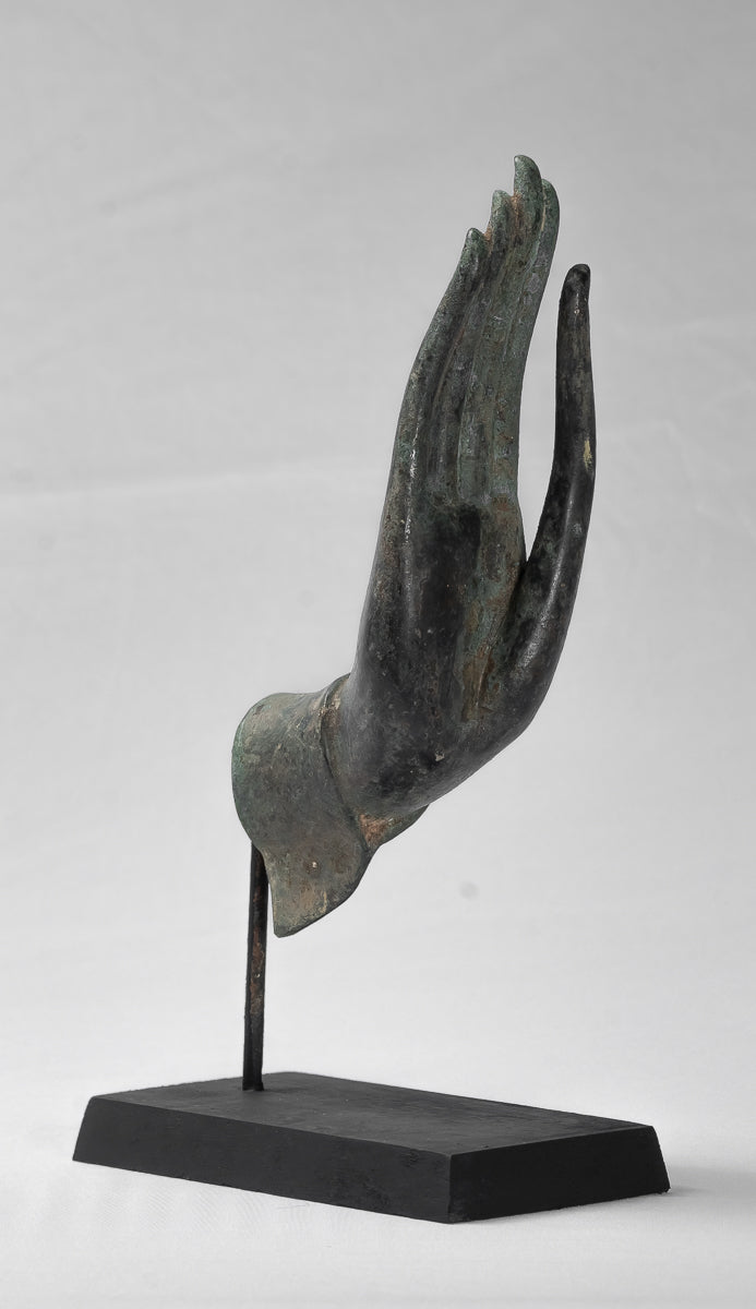 Mounted Antique Thai Style Southeast Asia Bronze Thai Protection Hand - 32cm/13"
