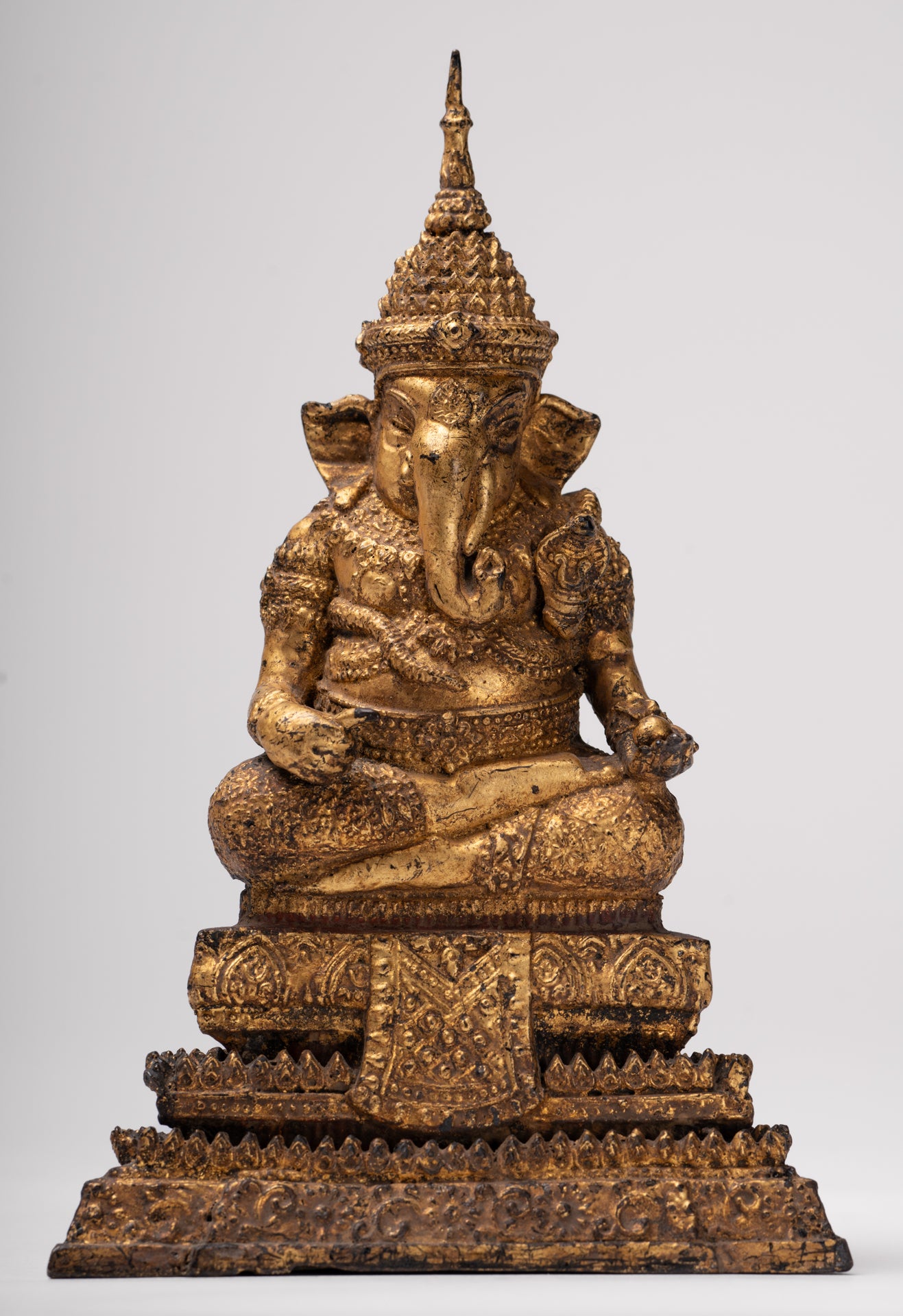 Ganesha Statue - Antique Thai Style Bronze Seated Rattanakosin Ganesha Statue - 19cm/8"