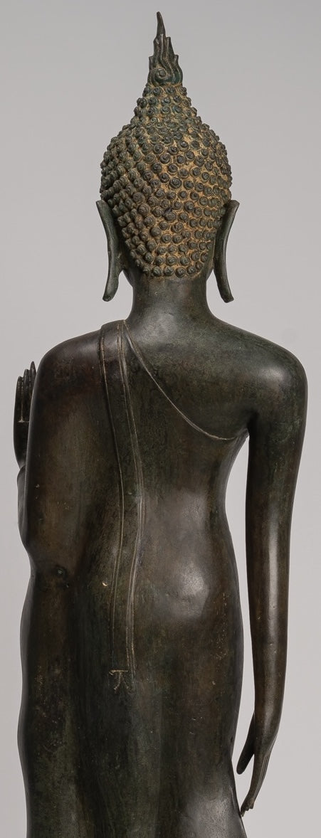 Antique Thai Style Sukhothai Bronze Protection Walking Buddha Statue - 116cm/46"