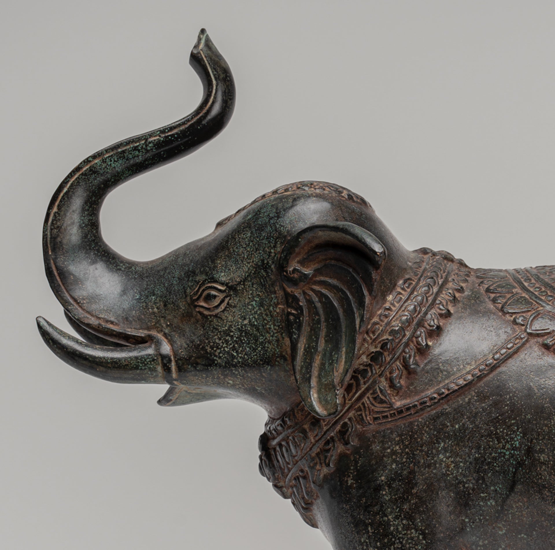 Elephant - Antique Khmer Style Bronze Standing Trumpeting Elephant Statue - 38cm/15" Tall