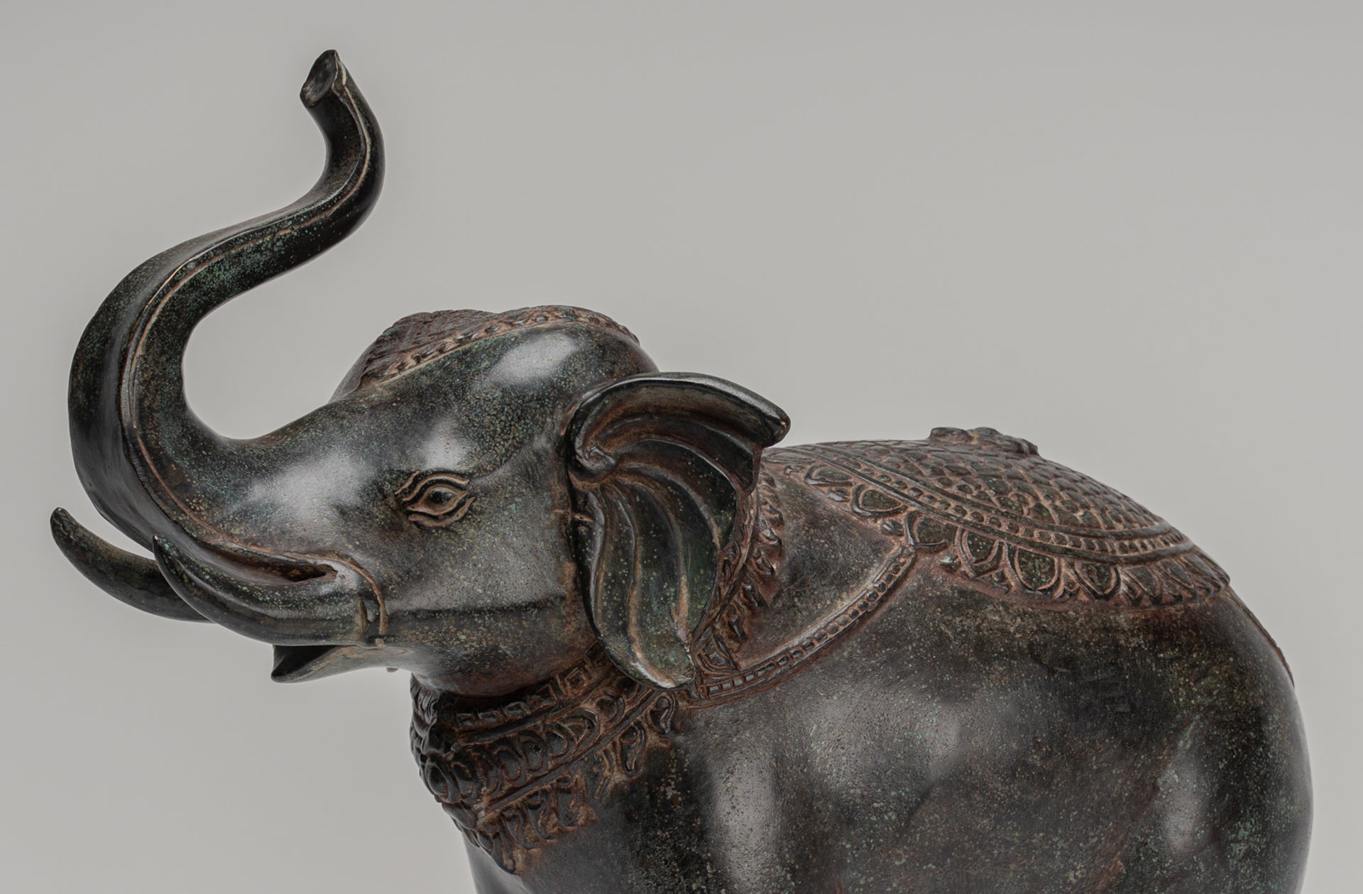 Elephant - Antique Khmer Style Bronze Standing Trumpeting Elephant Statue - 38cm/15" Tall