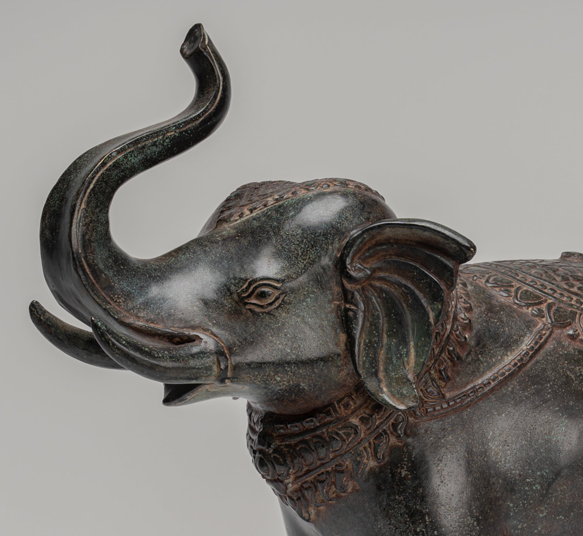 Elephant - Antique Khmer Style Bronze Standing Trumpeting Elephant Statue - 38cm/15" Tall