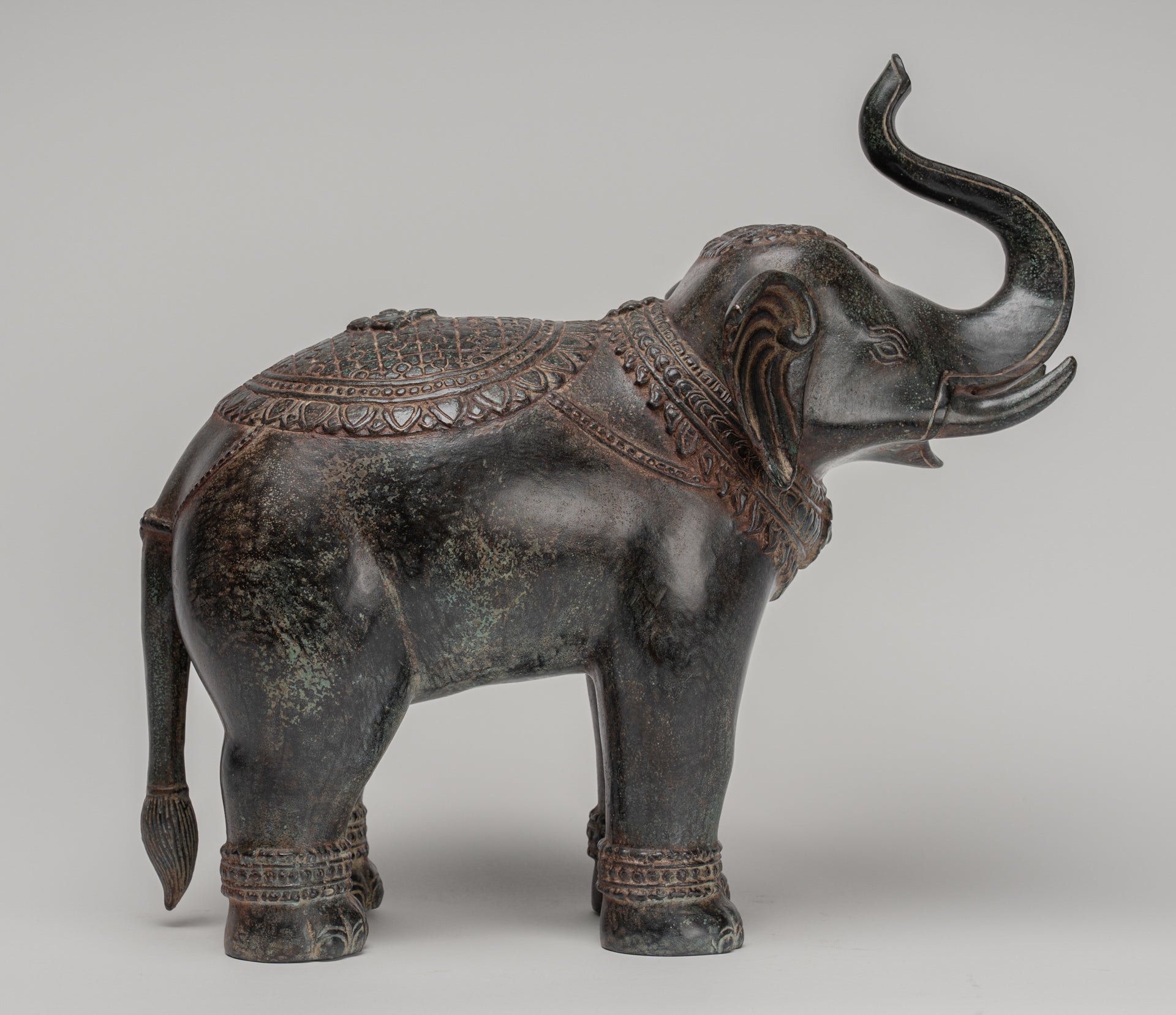 Elephant - Antique Khmer Style Bronze Standing Trumpeting Elephant Statue - 38cm/15" Tall