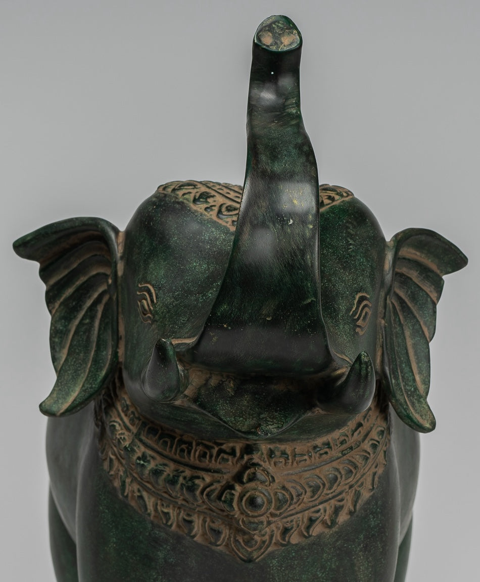 Antique Khmer Style Bronze Standing Trumpeting Elephant Statue - 38cm/15" Tall