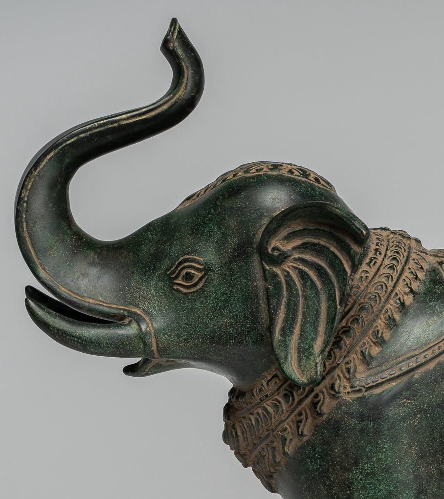 Antique Khmer Style Bronze Standing Trumpeting Elephant Statue - 38cm/15" Tall