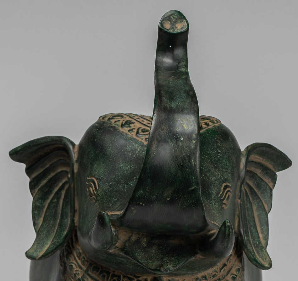 Antique Khmer Style Bronze Standing Trumpeting Elephant Statue - 38cm/15" Tall