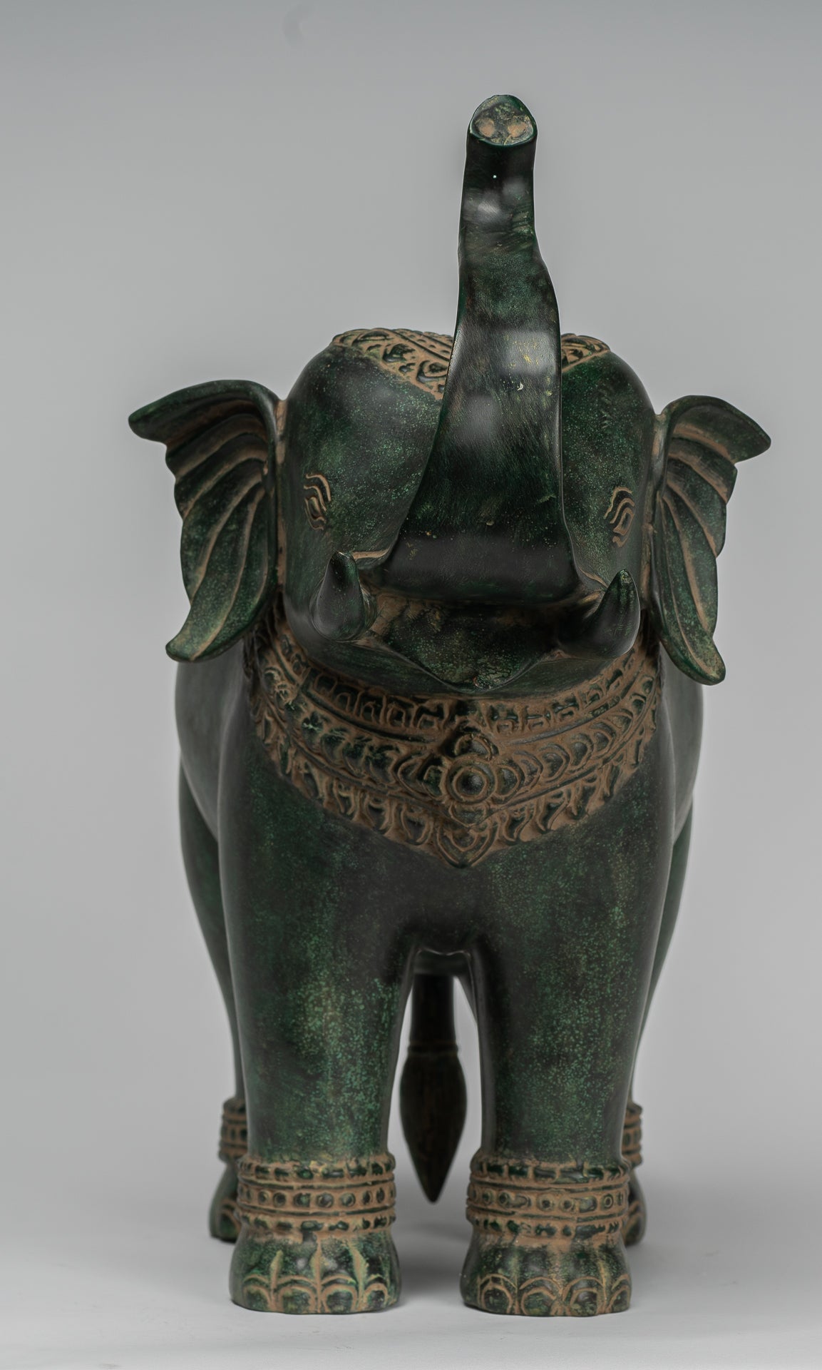 Antique Khmer Style Bronze Standing Trumpeting Elephant Statue - 38cm/15" Tall