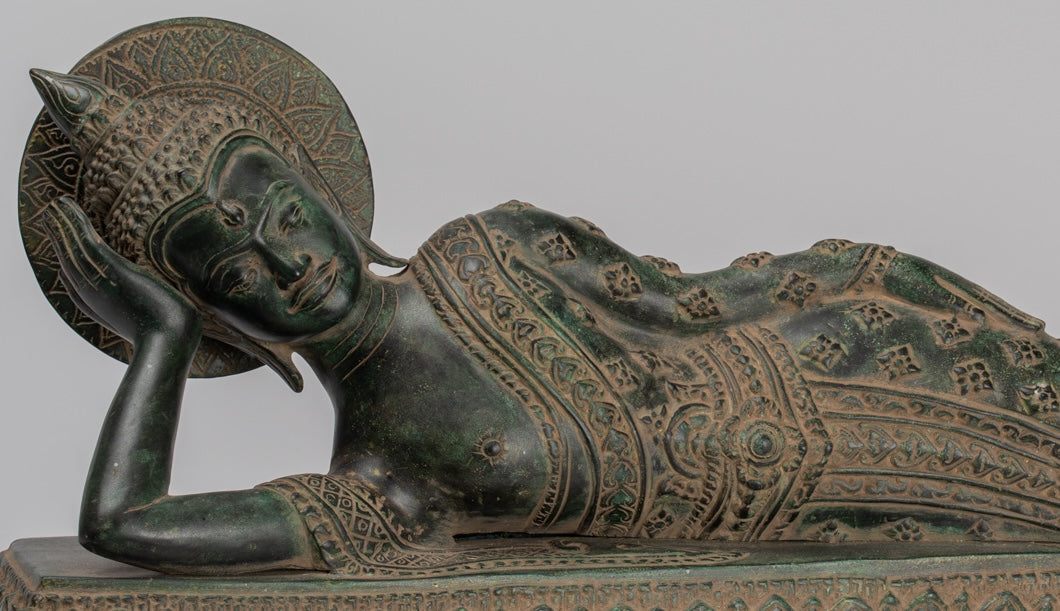 Antique Khmer Style Bronze Reclining Nirvana Buddha Statue - 65cm/26" Long