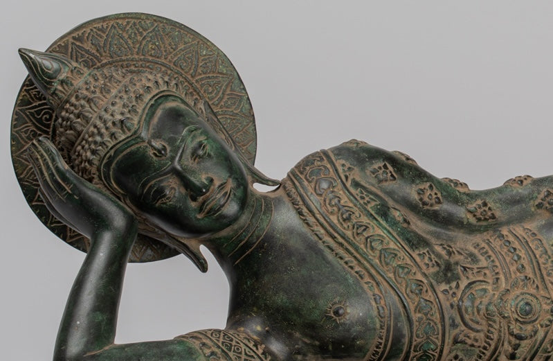 Antique Khmer Style Bronze Reclining Nirvana Buddha Statue - 65cm/26" Long