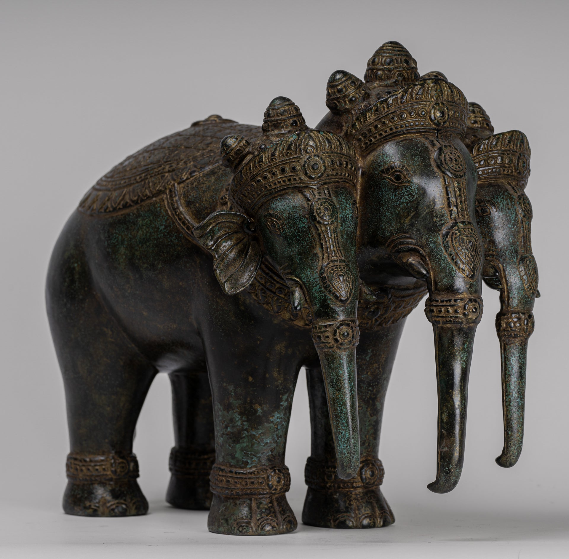 Antique Khmer Style Bronze Erawan Airavata or Elephant Statue - 32cm/13" Tall