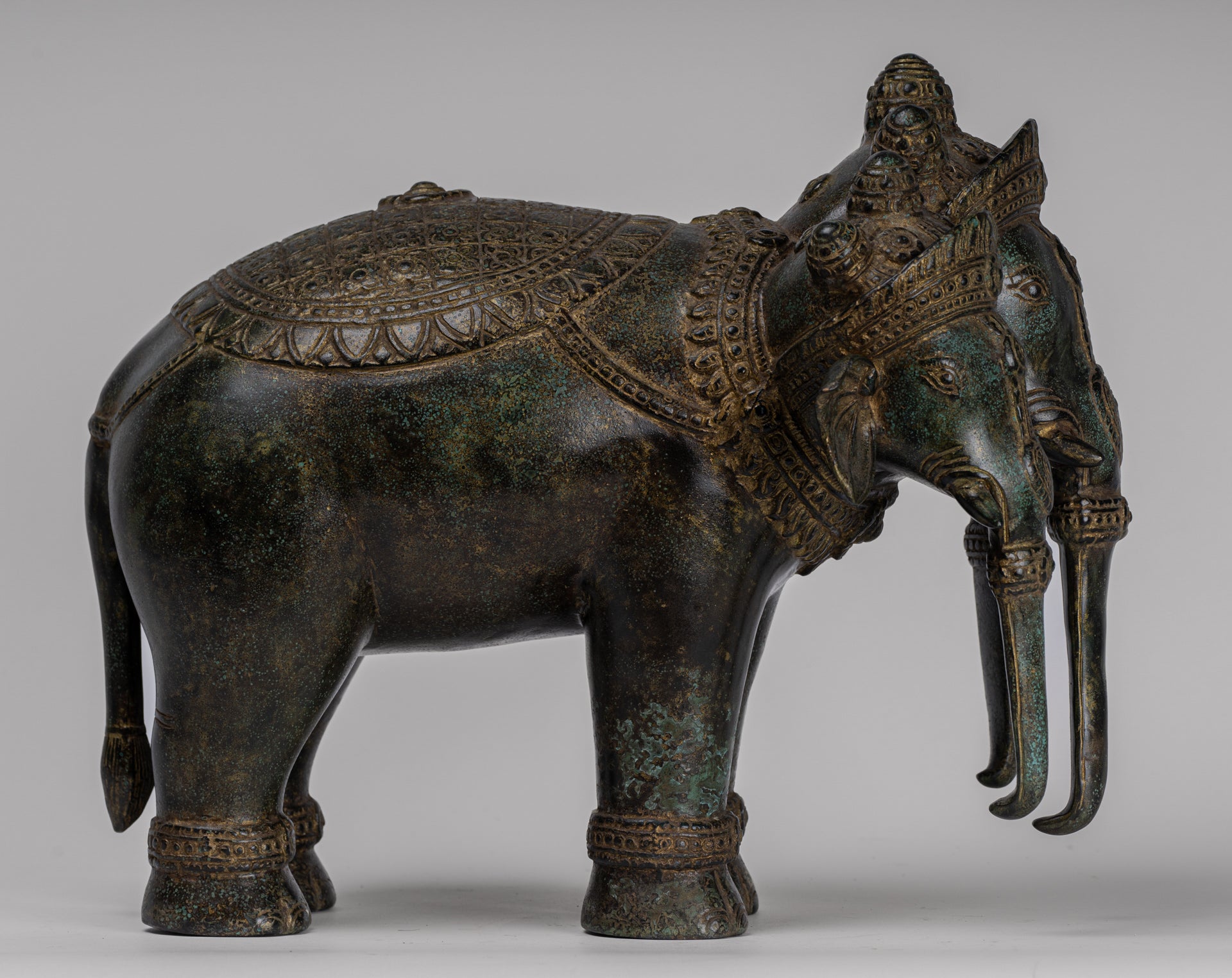 Antique Khmer Style Bronze Erawan Airavata or Elephant Statue - 32cm/13" Tall