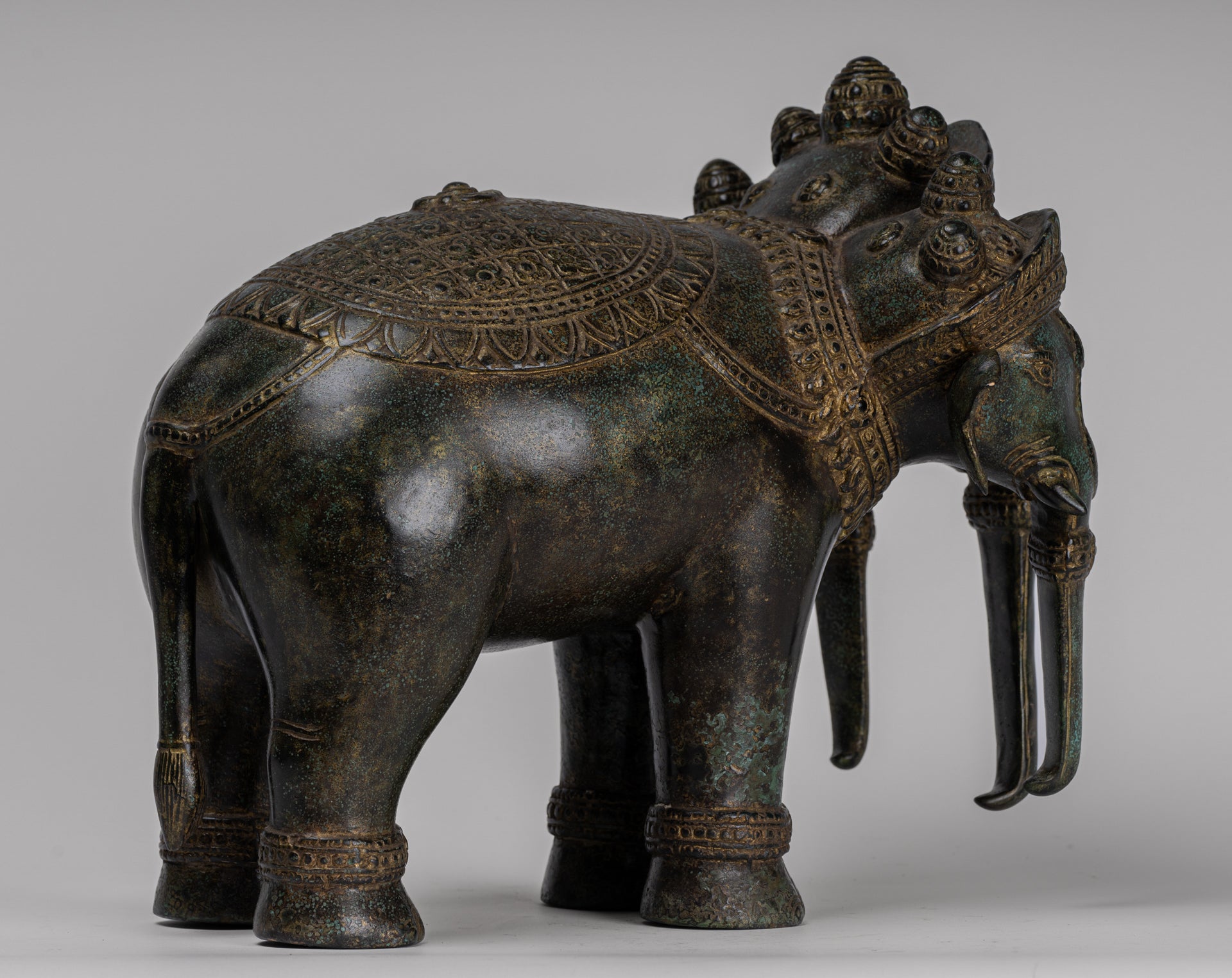 Antique Khmer Style Bronze Erawan Airavata or Elephant Statue - 32cm/13" Tall