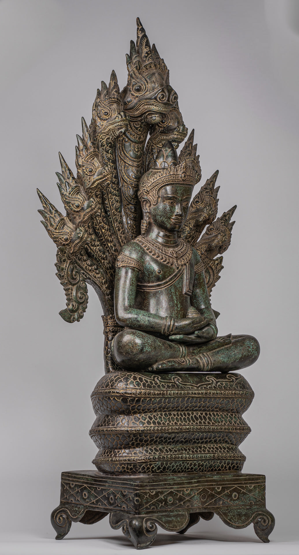 Buddha Statue - Antique Bayon Style Khmer Seated Bronze Naga Meditation Buddha - 114cm/46"