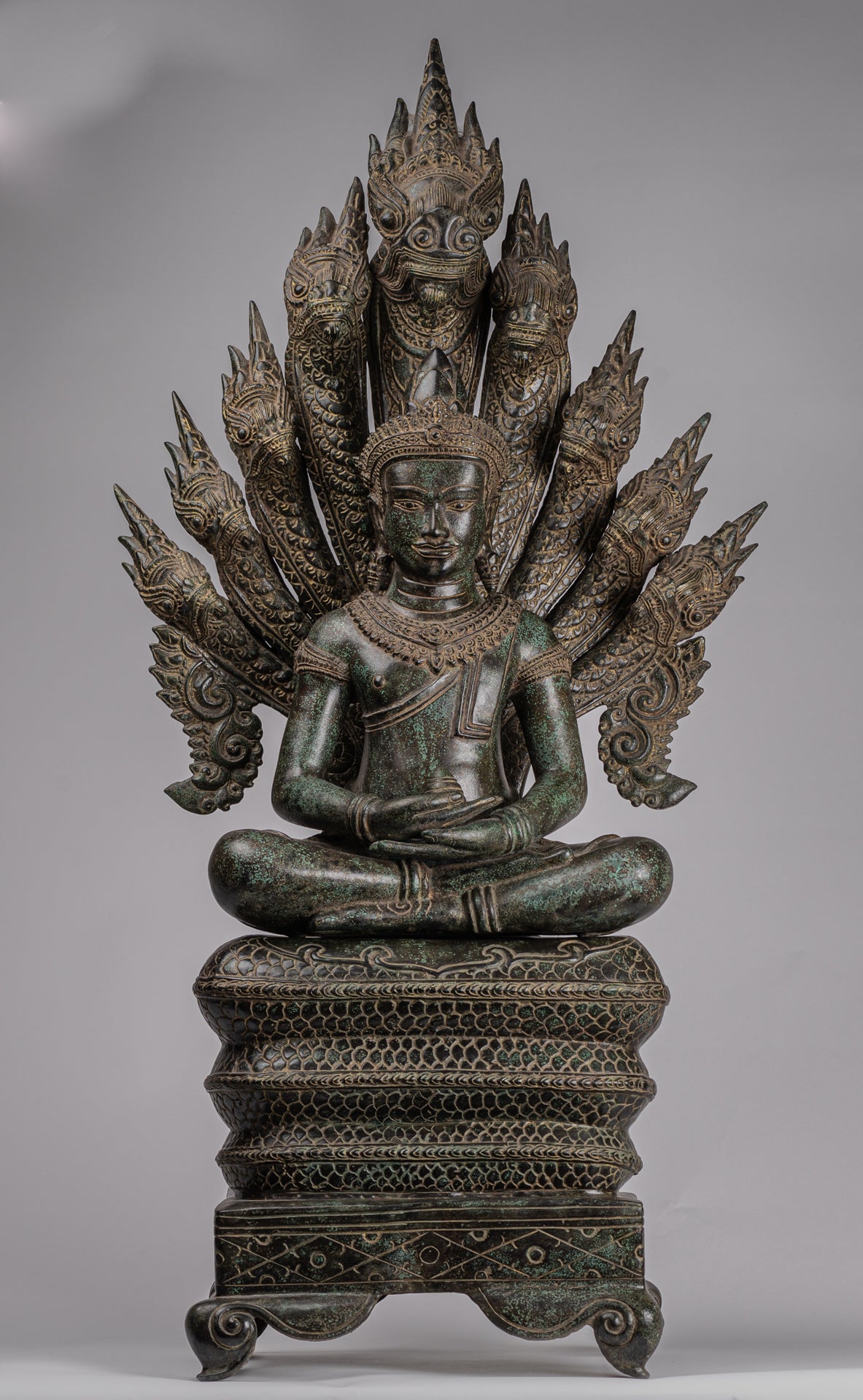 Buddha Statue - Antique Bayon Style Khmer Seated Bronze Naga Meditation Buddha - 114cm/46"