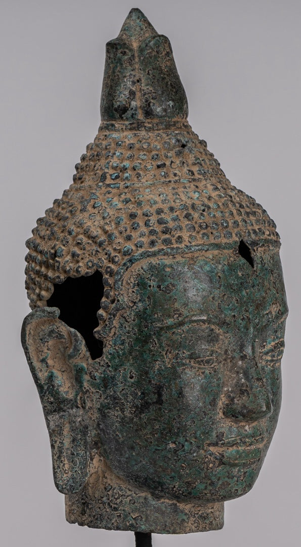 Buddha Statue - Antique Khmer Style Bronze Lotus Flower Buddha Head - 36cm/14"