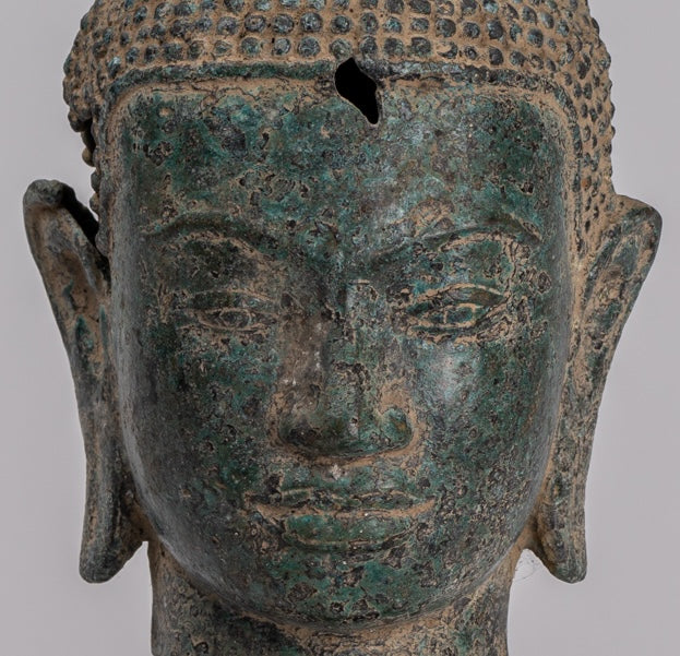 Buddha Statue - Antique Khmer Style Bronze Lotus Flower Buddha Head - 36cm/14"