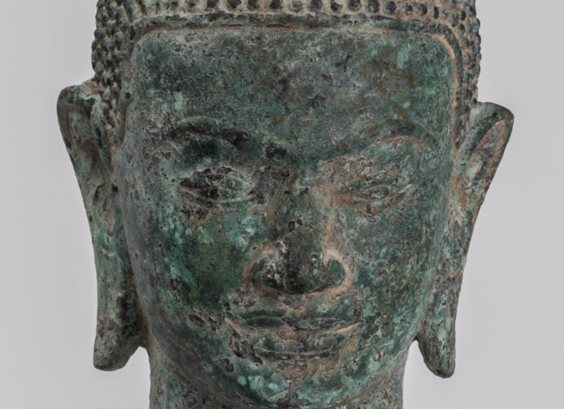 Buddha Statue - Antique Khmer Style Bronze Lotus Flower Buddha Head - 37cm/15"