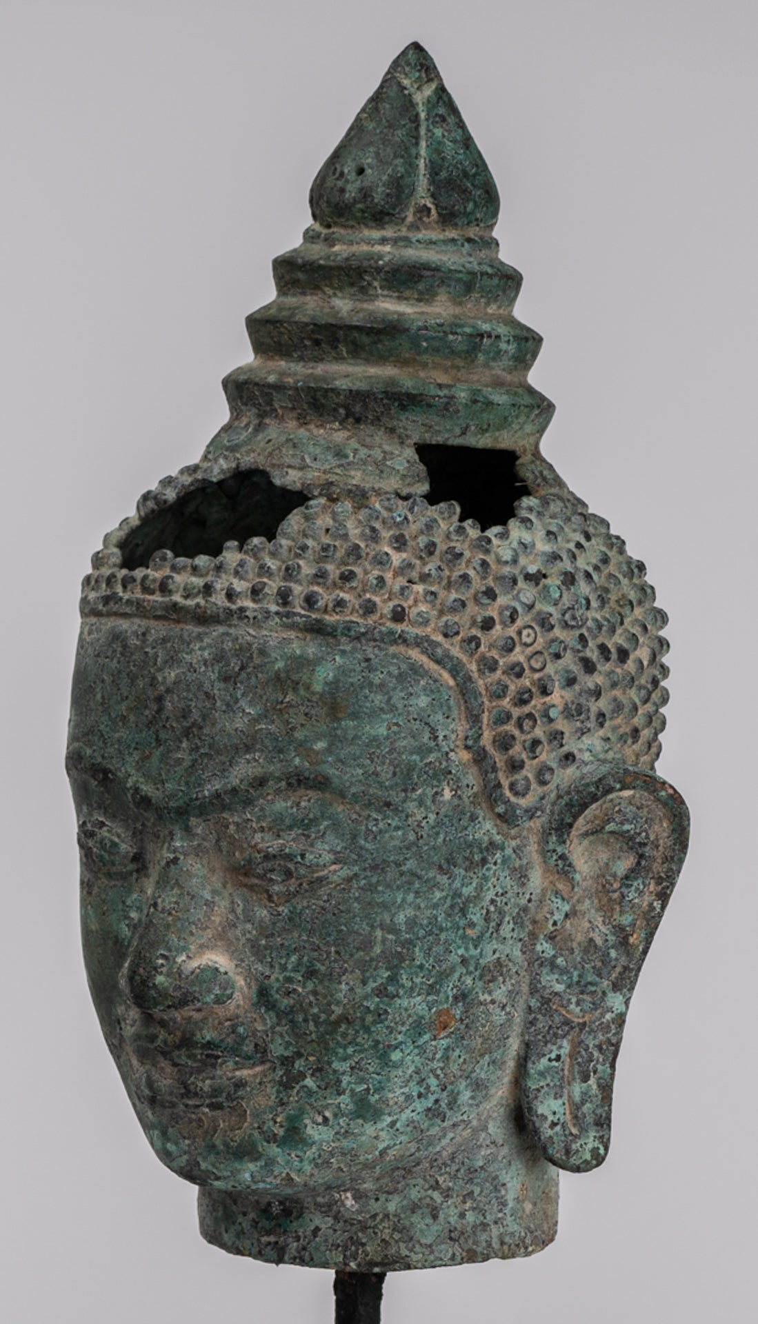Buddha Statue - Antique Khmer Style Bronze Lotus Flower Buddha Head - 37cm/15"