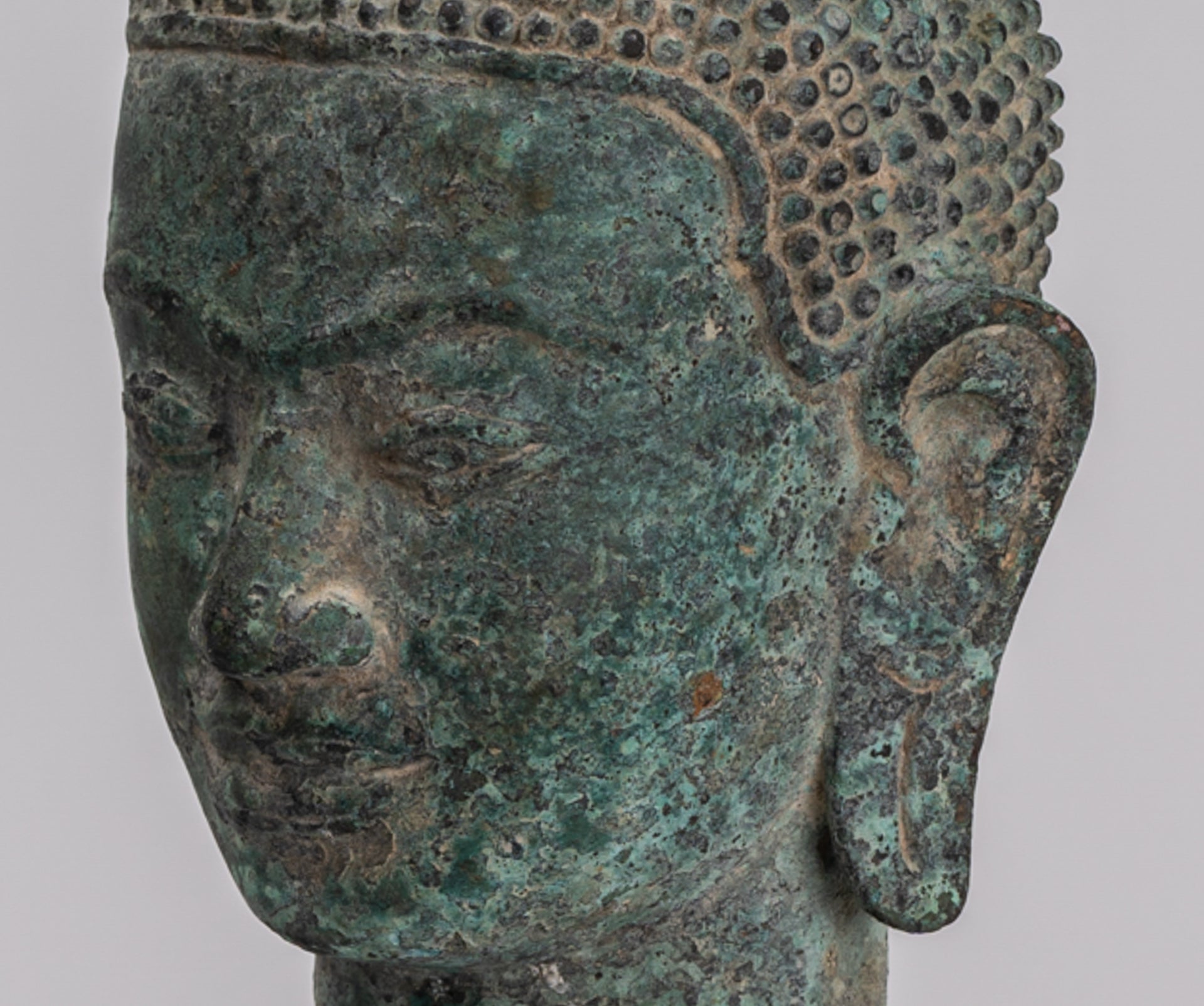Buddha Statue - Antique Khmer Style Bronze Lotus Flower Buddha Head - 37cm/15"
