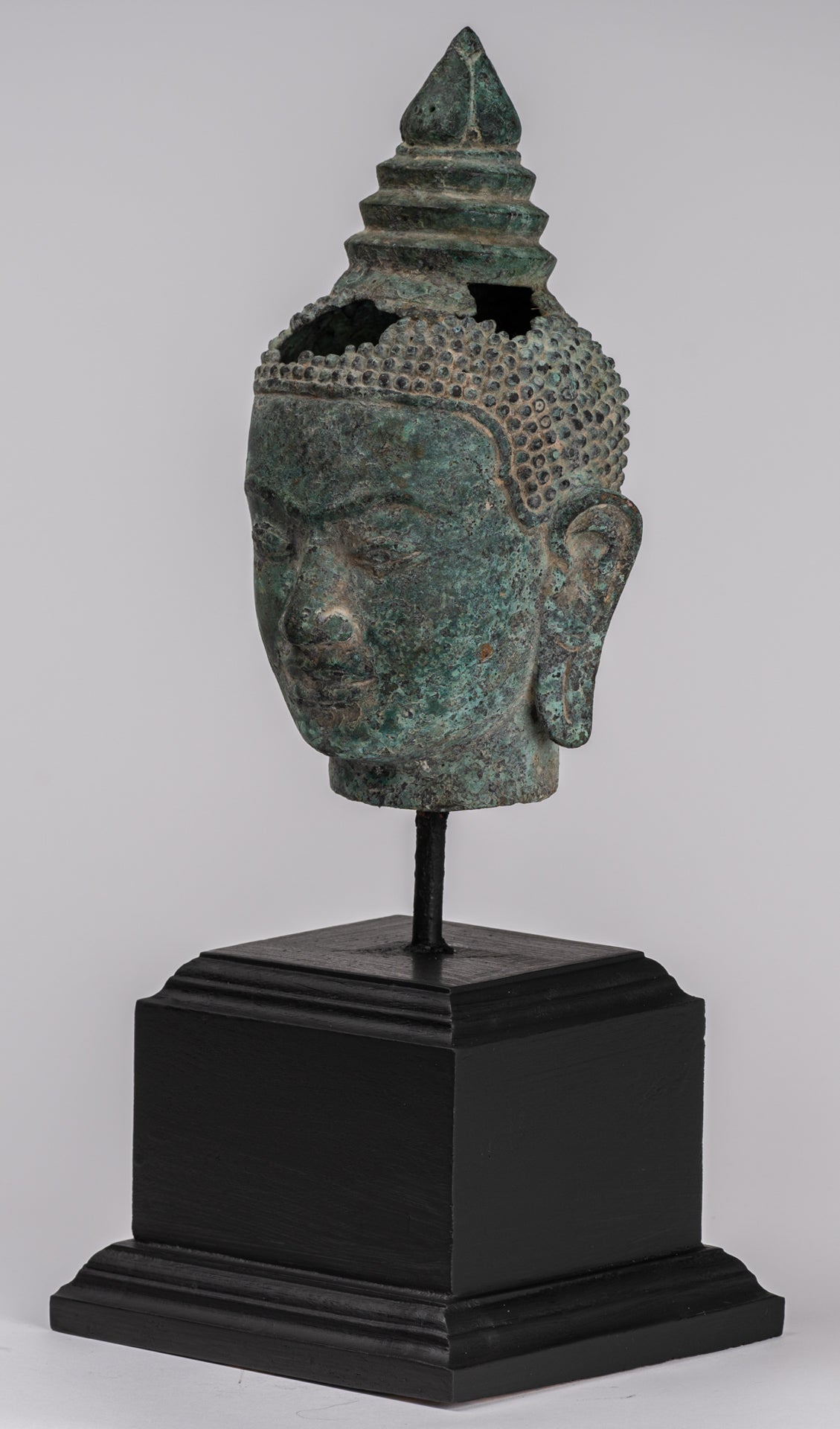 Buddha Statue - Antique Khmer Style Bronze Lotus Flower Buddha Head - 37cm/15"