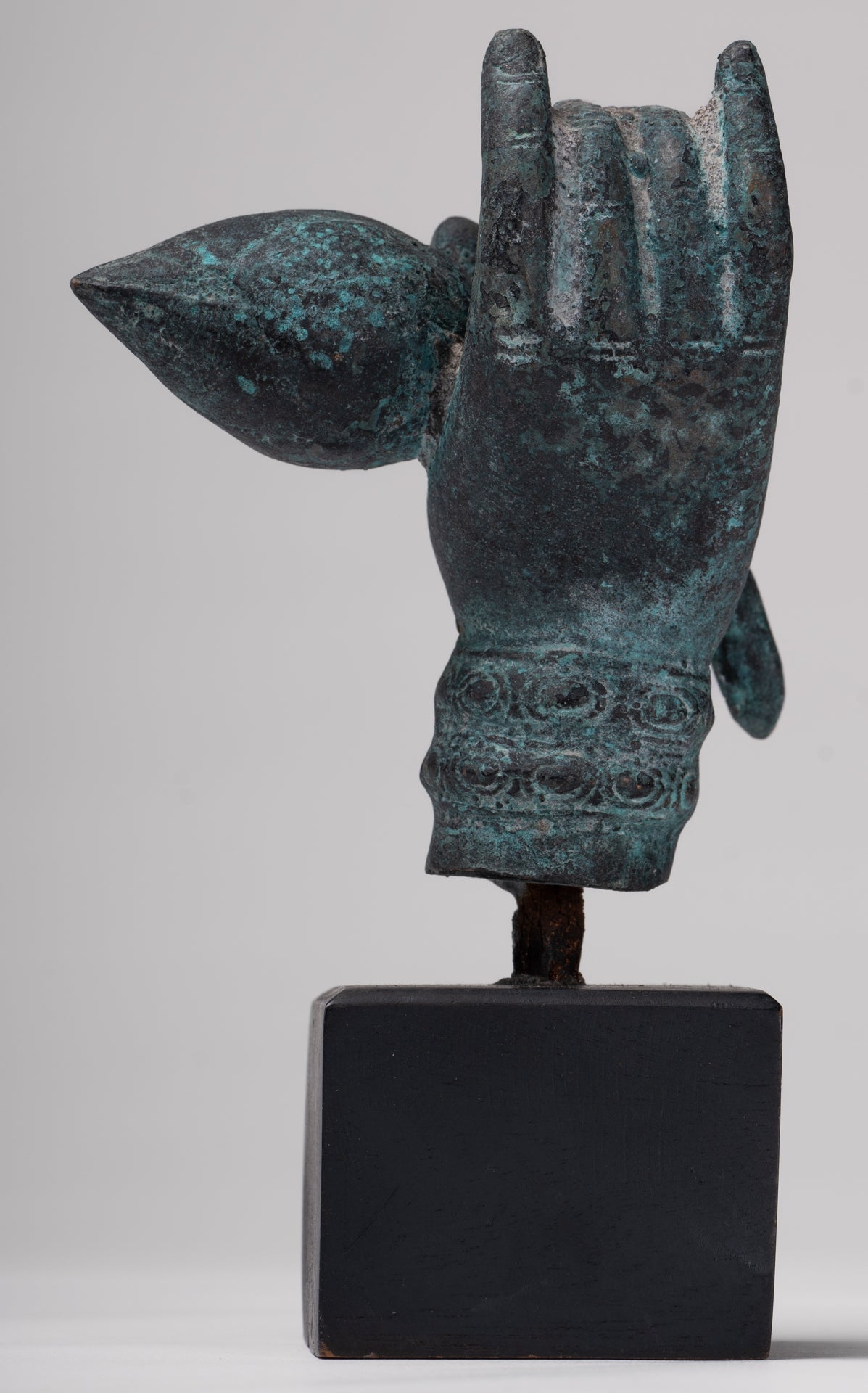 Mounted Antique Khmer Style Bronze Hand & Lotus Bud - 18cm/7"