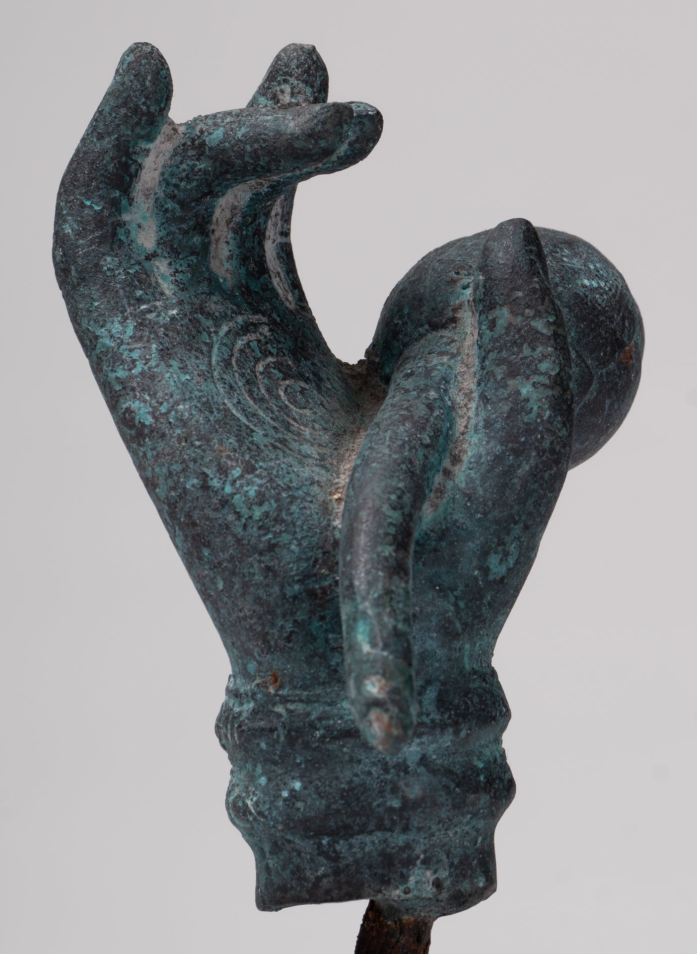 Mounted Antique Khmer Style Bronze Hand & Lotus Bud - 18cm/7"