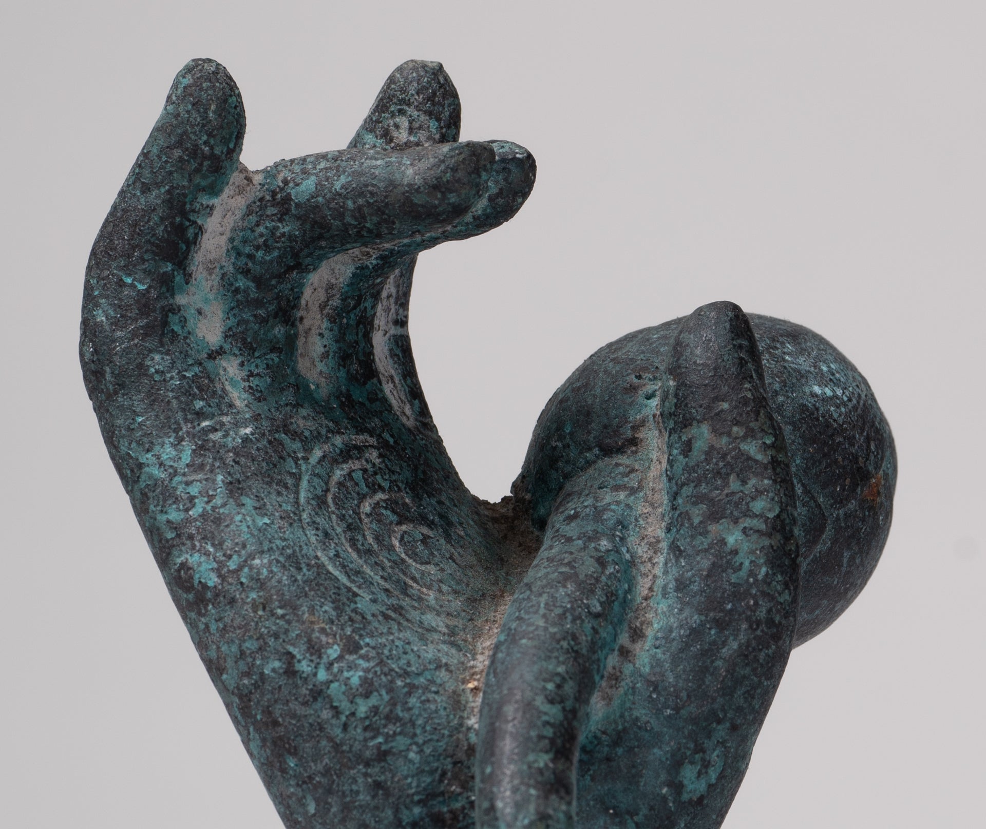 Mounted Antique Khmer Style Bronze Hand & Lotus Bud - 18cm/7"