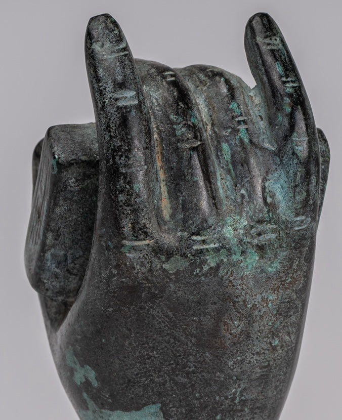 Montate Antique Khmer Style Southeast Asia Bronzo Hand & Sutra - 17 cm/7 "