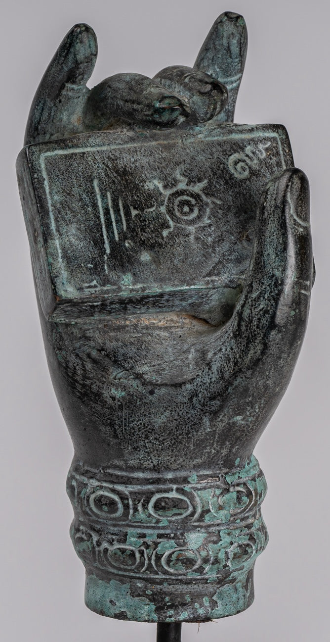 Montate Antique Khmer Style Southeast Asia Bronzo Hand & Sutra - 17 cm/7 "