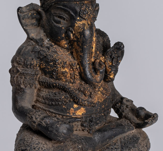 Ganesha Statue - Antique Thai Style Bronze Seated Rattanakosin Ganesha Statue - 19cm/8"