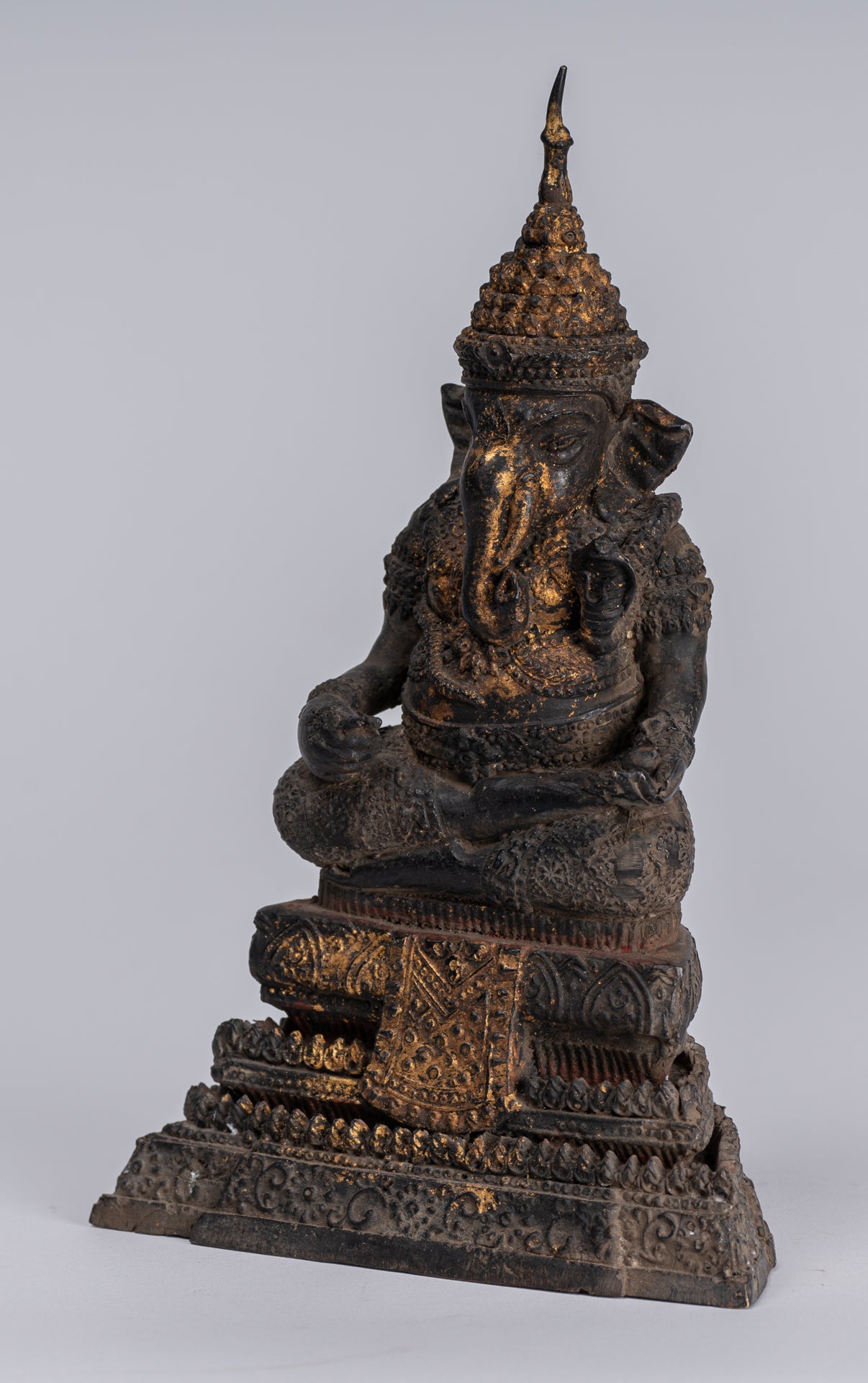 Ganesha Statue - Antique Thai Style Bronze Seated Rattanakosin Ganesha Statue - 19cm/8"