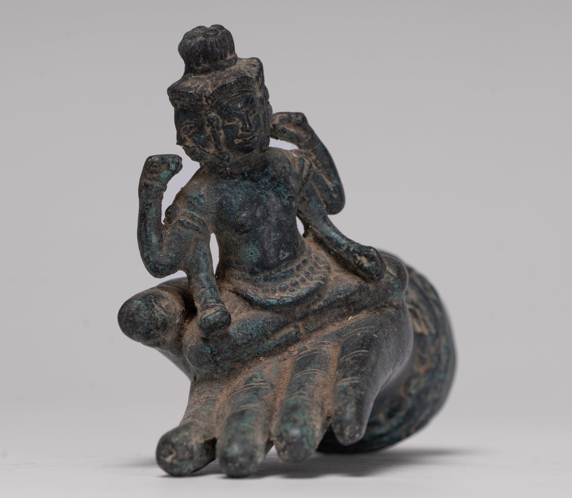 Freestanding Antique Khmer Style Bronze Koh Ker Hand & Brahma - 14cm/6"