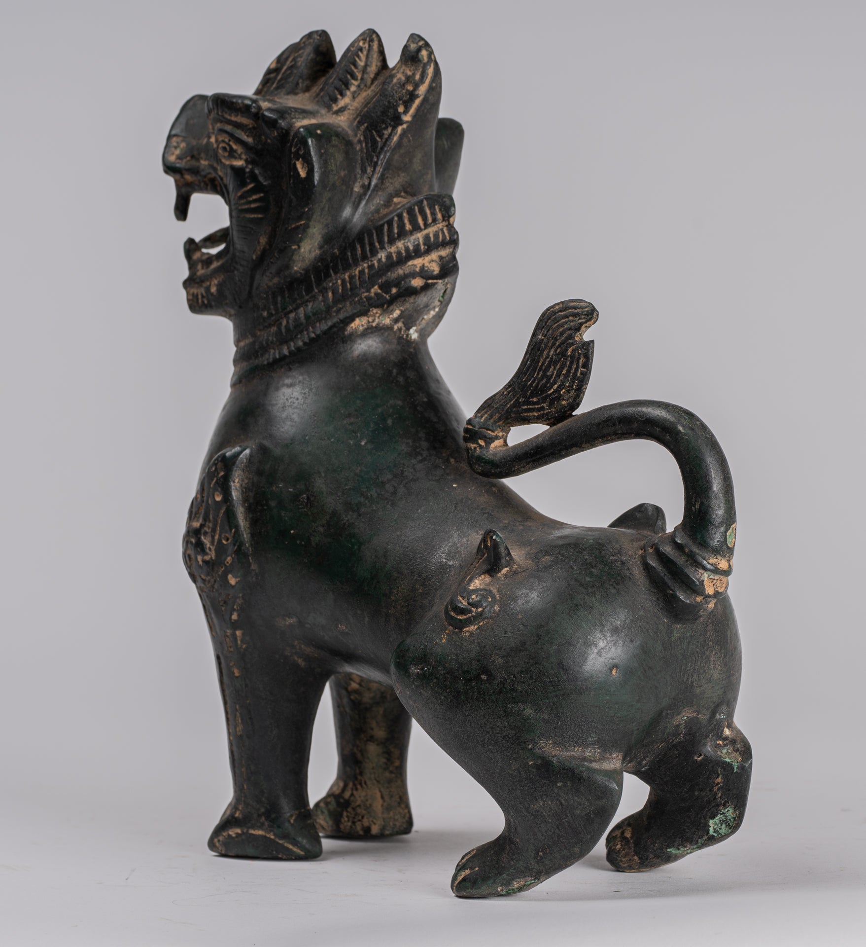 Antique Burmese Style Bronze Standing Chinthe Guardian Temple Lions - 24cm/10" (Pair)