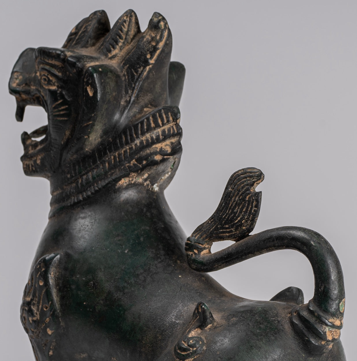 Antique Burmese Style Bronze Standing Chinthe Guardian Temple Lions - 24cm/10" (Pair)