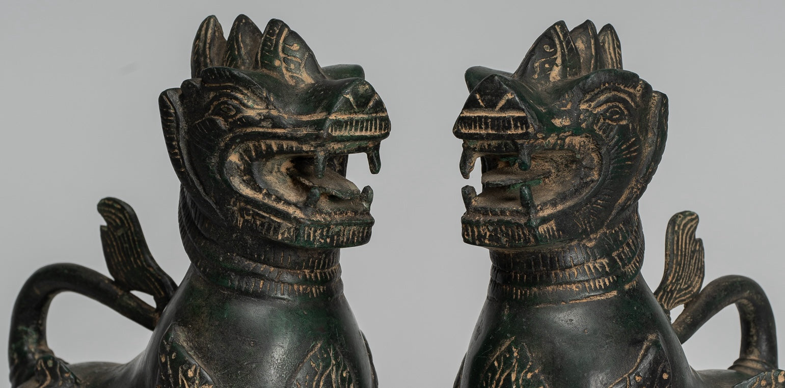 Antique Burmese Style Bronze Standing Chinthe Guardian Temple Lions - 24cm/10" (Pair)