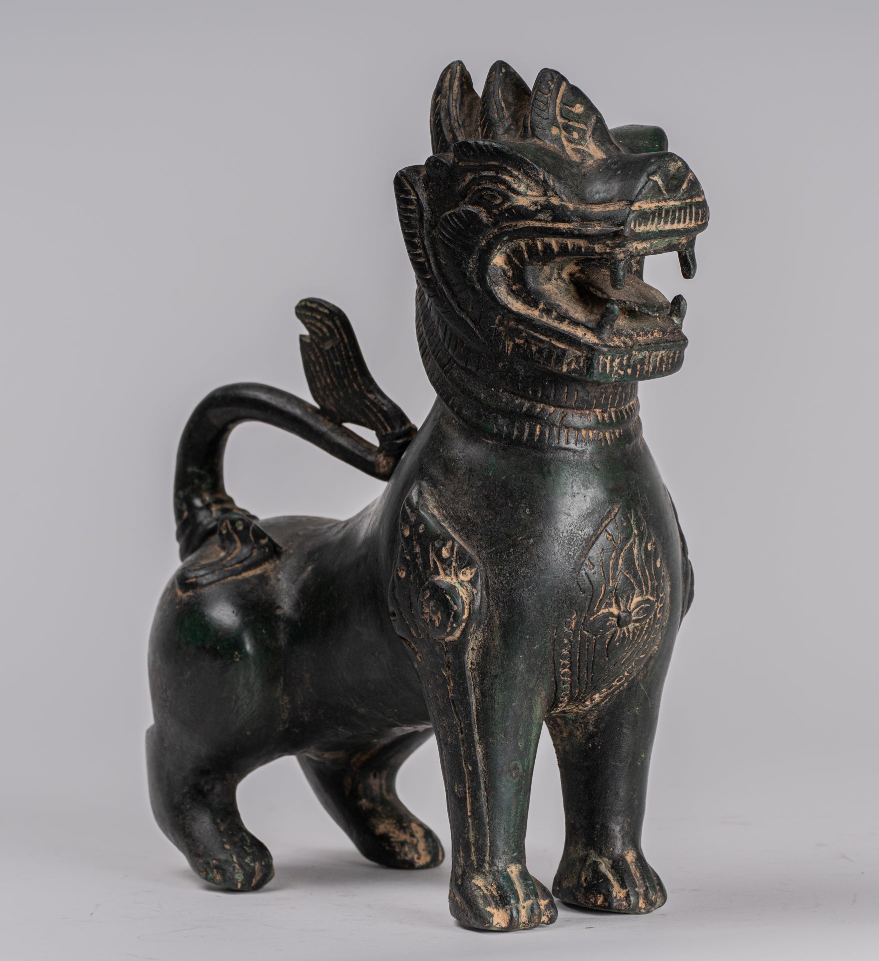 Antique Burmese Style Bronze Standing Chinthe Guardian Temple Lions - 24cm/10" (Pair)