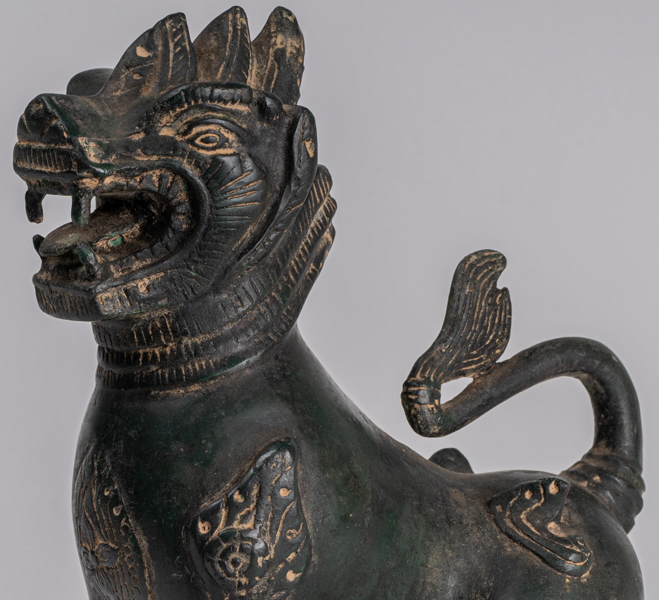 Antique Burmese Style Bronze Standing Chinthe Guardian Temple Lions - 24cm/10" (Pair)